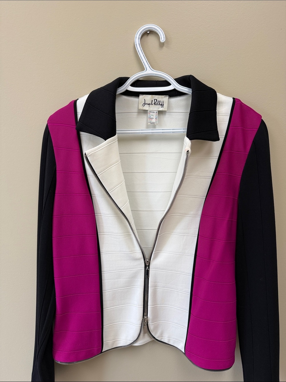 Joseph Ribkoff Fuchsia, Black & White Colorblock Zip Jacket
